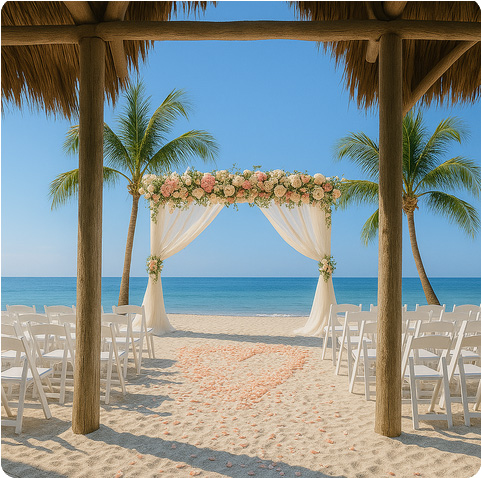 Casey Key Resort&reg; Beach Front Wedding Example With Square Arch, Light, Flowing Curtains, Flowers, Palms 